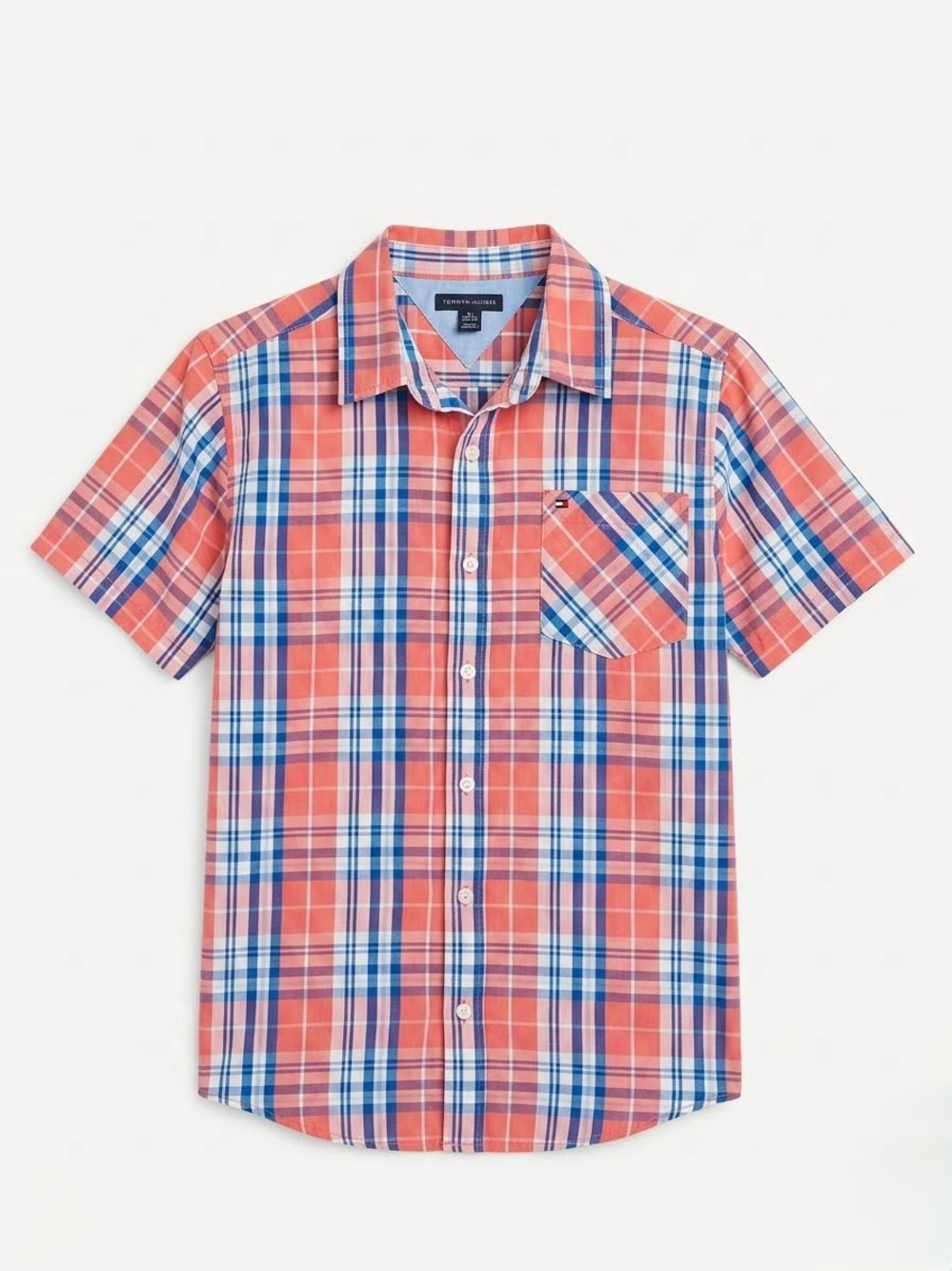 Tommy Hilfiger Coral and Blue Plaid Short-Sleeve Button-Down Shirt Boys L Preppy